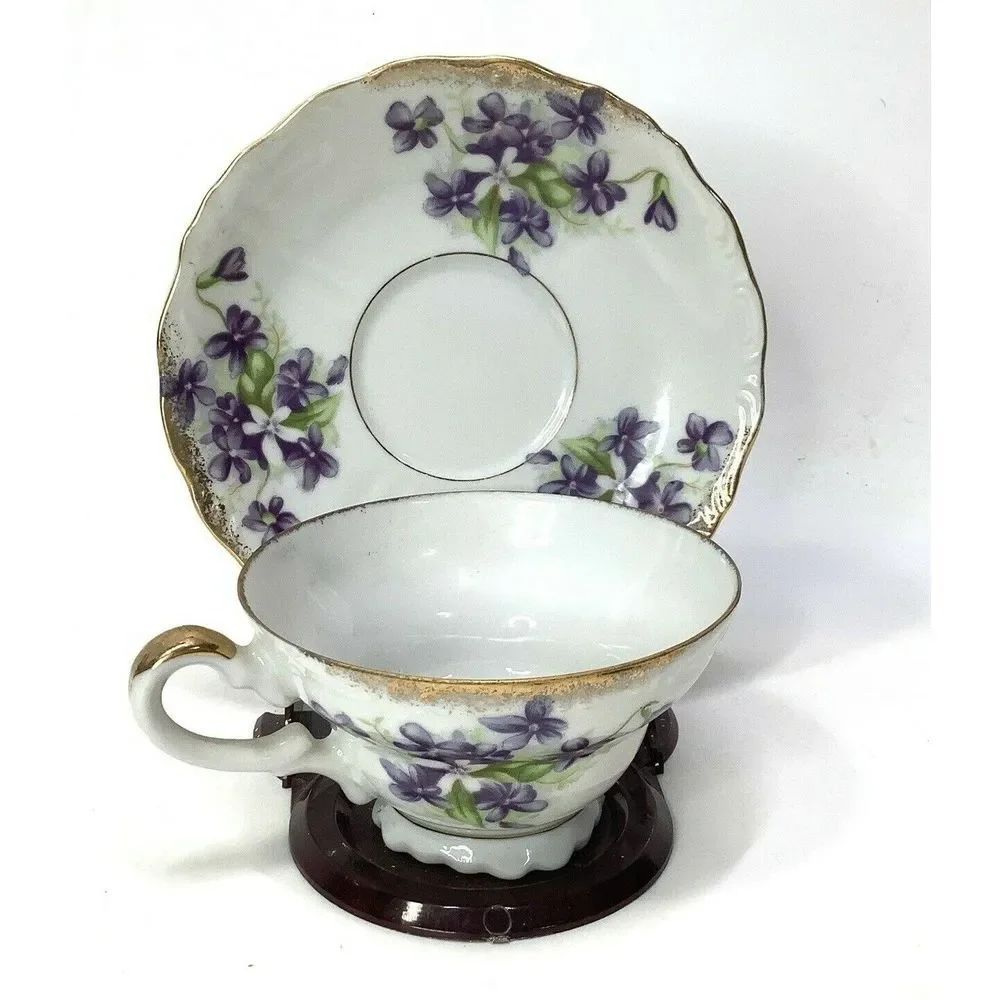 Vintage Cup & Saucer Set‎ Porcelain Rose Interior Plain Exterior Unmarked gold